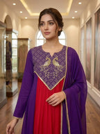 Purple Red Mul Chanderi Anarkali Kurti Set | Cording & Sequin Embroidery | Kurti + Pant + Dupatta | Festive Ethnic Wear