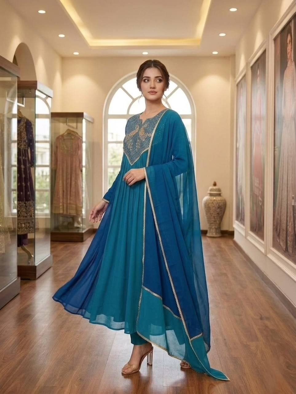Teal Blue Mul Mul Chanderi Anarkali Kurti Set | Cording & Sequin Embroidery | Kurti + Pant + Dupatta | Festive Ethnic Wear |