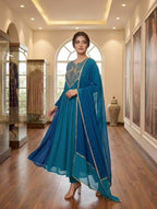 Teal Blue Mul Mul Chanderi Anarkali Kurti Set | Cording & Sequin Embroidery | Kurti + Pant + Dupatta | Festive Ethnic Wear |