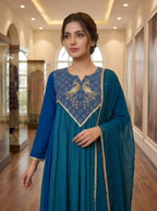 Teal Blue Mul Mul Chanderi Anarkali Kurti Set | Cording & Sequin Embroidery | Kurti + Pant + Dupatta | Festive Ethnic Wear |