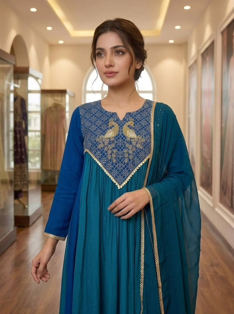 Teal Blue Mul Mul Chanderi Anarkali Kurti Set | Cording & Sequin Embroidery | Kurti + Pant + Dupatta | Festive Ethnic Wear |