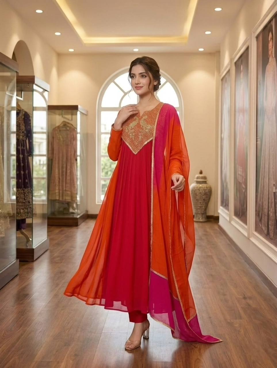 Mul Chanderi Anarkali Kurti Set | Cording & Sequin Embroidery | Kurti + Pant + Dupatta | Festive Ethnic Wear