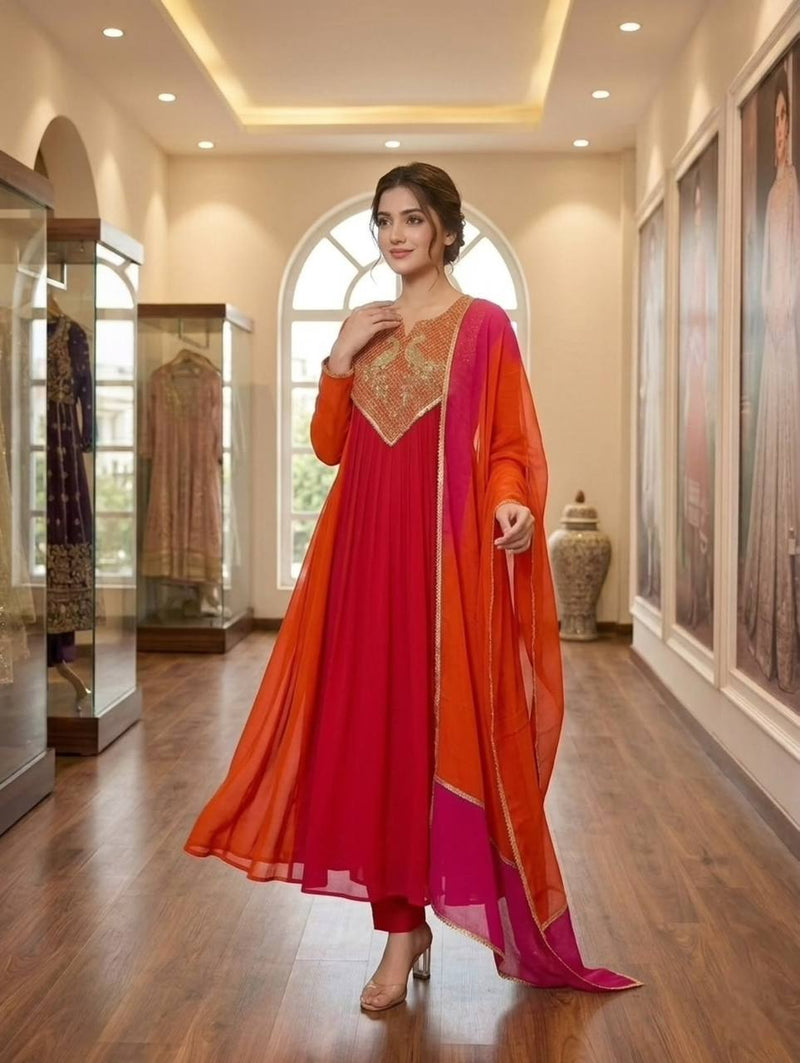 Mul Chanderi Anarkali Kurti Set | Cording & Sequin Embroidery | Kurti + Pant + Dupatta | Festive Ethnic Wear
