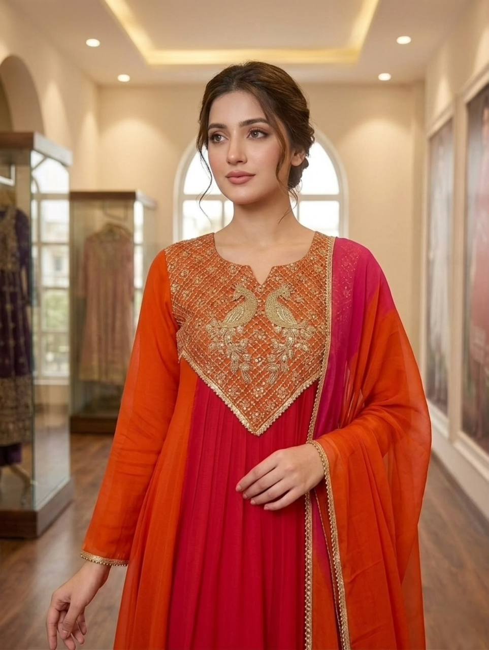 Mul Chanderi Anarkali Kurti Set | Cording & Sequin Embroidery | Kurti + Pant + Dupatta | Festive Ethnic Wear