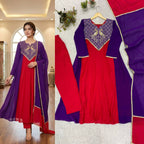 Purple Red Mul Chanderi Anarkali Kurti Set | Cording & Sequin Embroidery | Kurti + Pant + Dupatta | Festive Ethnic Wear