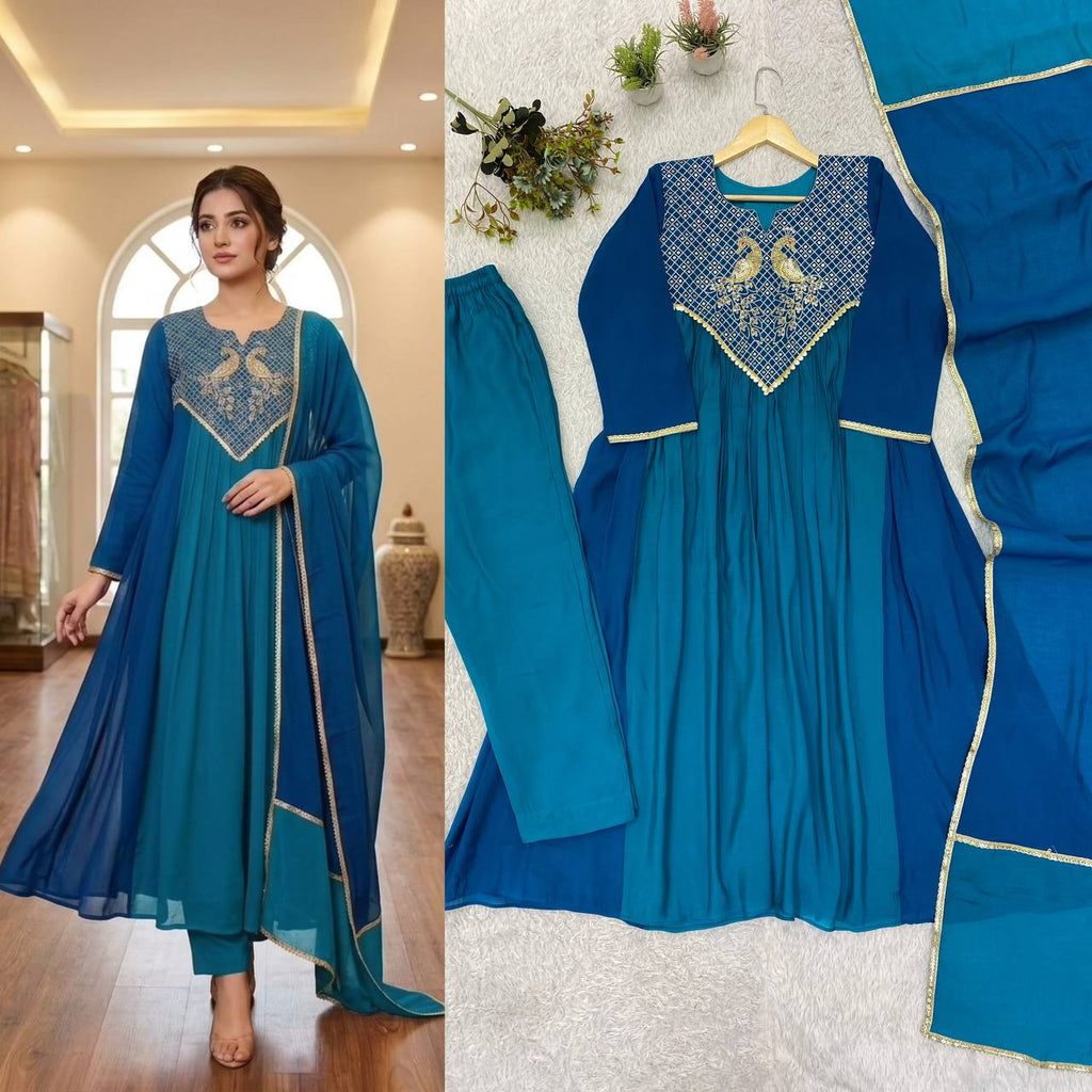 Teal Blue Mul Mul Chanderi Anarkali Kurti Set | Cording & Sequin Embroidery | Kurti + Pant + Dupatta | Festive Ethnic Wear |