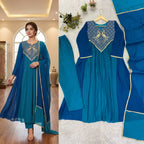 Teal Blue Mul Mul Chanderi Anarkali Kurti Set | Cording & Sequin Embroidery | Kurti + Pant + Dupatta | Festive Ethnic Wear |