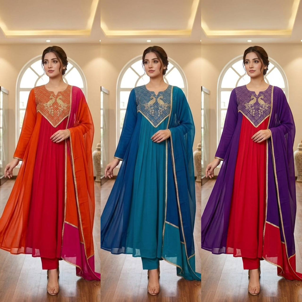 Mul Chanderi Anarkali Kurti Set | Cording & Sequin Embroidery | Kurti + Pant + Dupatta | Festive Ethnic Wear