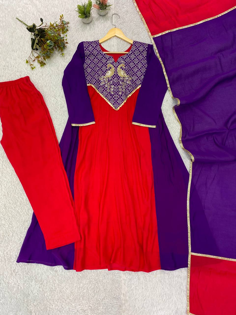 Purple Red Mul Chanderi Anarkali Kurti Set | Cording & Sequin Embroidery | Kurti + Pant + Dupatta | Festive Ethnic Wear