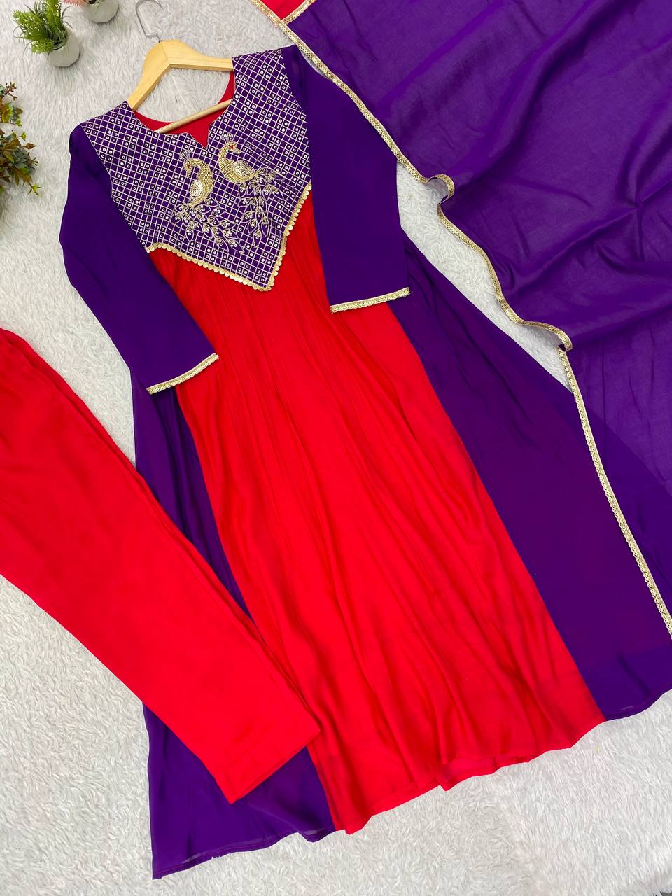 Purple Red Mul Chanderi Anarkali Kurti Set | Cording & Sequin Embroidery | Kurti + Pant + Dupatta | Festive Ethnic Wear