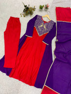 Purple Red Mul Chanderi Anarkali Kurti Set | Cording & Sequin Embroidery | Kurti + Pant + Dupatta | Festive Ethnic Wear