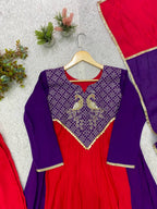 Purple Red Mul Chanderi Anarkali Kurti Set | Cording & Sequin Embroidery | Kurti + Pant + Dupatta | Festive Ethnic Wear