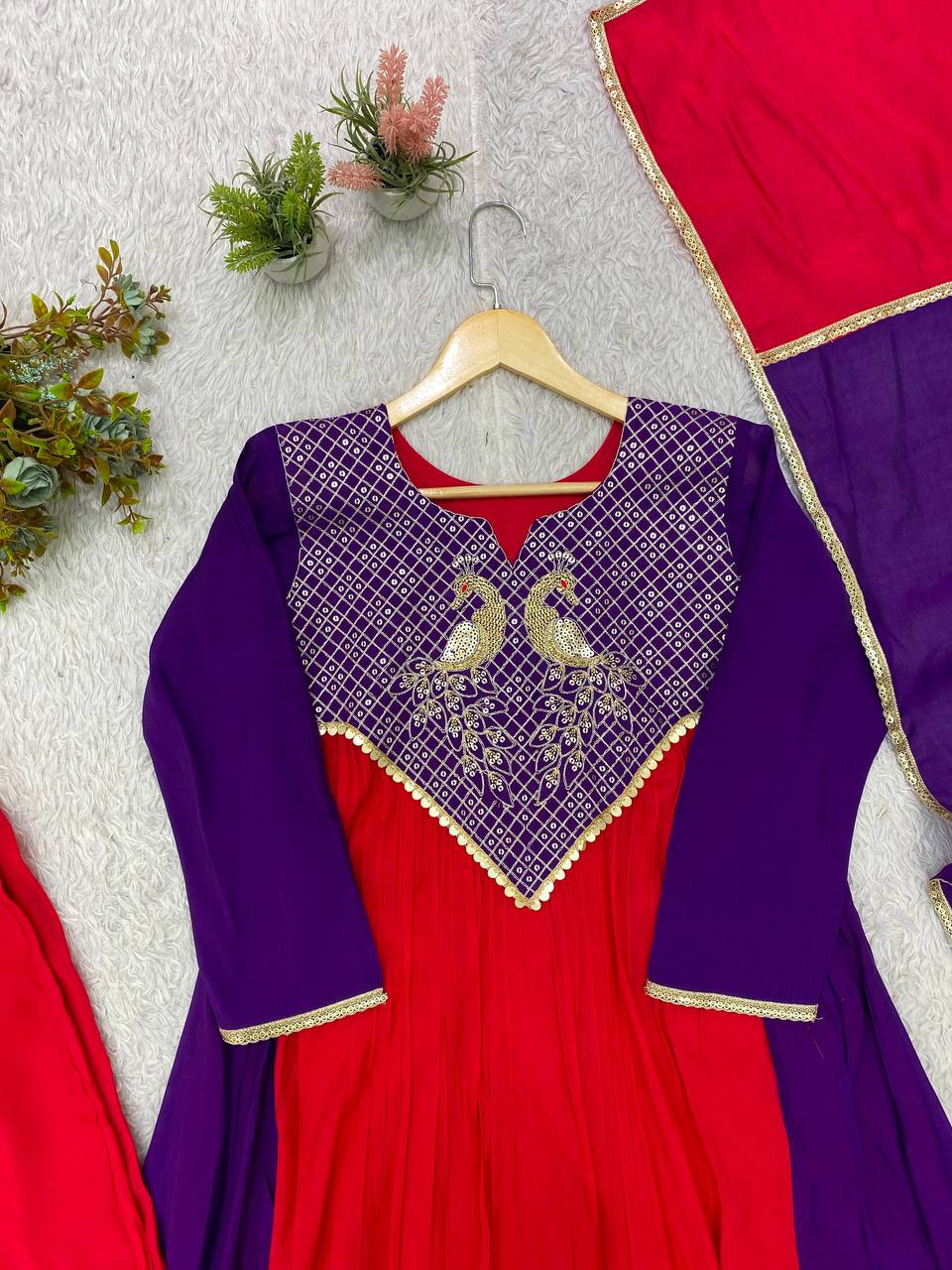 Purple Red Mul Chanderi Anarkali Kurti Set | Cording & Sequin Embroidery | Kurti + Pant + Dupatta | Festive Ethnic Wear