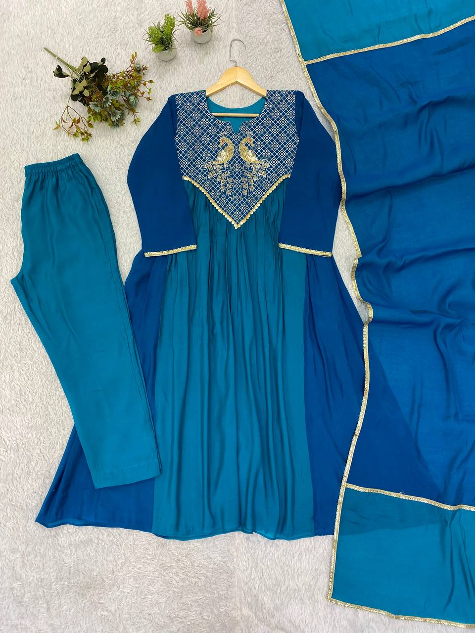 Teal Blue Mul Mul Chanderi Anarkali Kurti Set | Cording & Sequin Embroidery | Kurti + Pant + Dupatta | Festive Ethnic Wear |