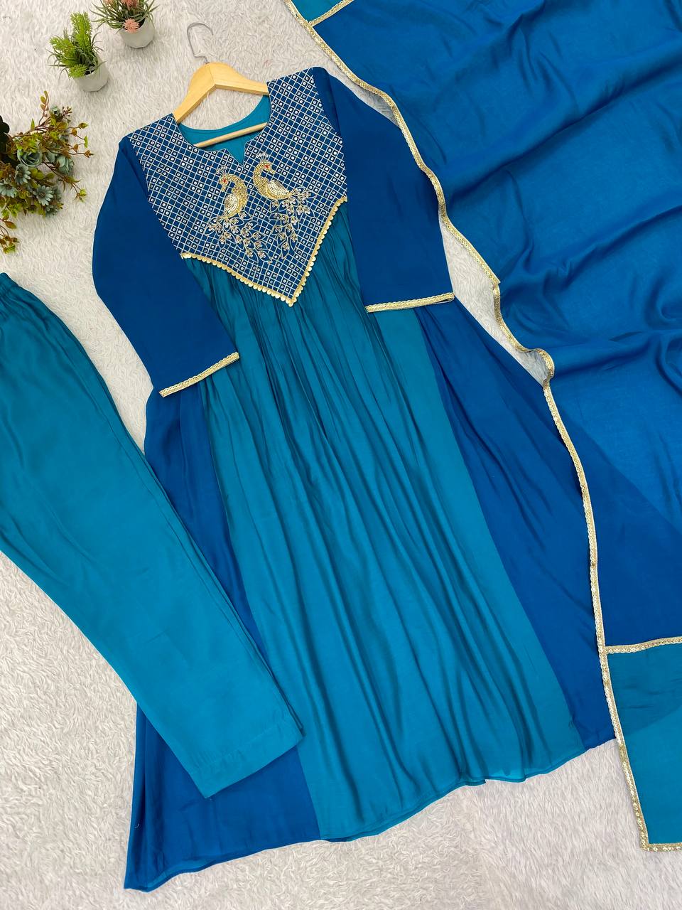 Teal Blue Mul Mul Chanderi Anarkali Kurti Set | Cording & Sequin Embroidery | Kurti + Pant + Dupatta | Festive Ethnic Wear |