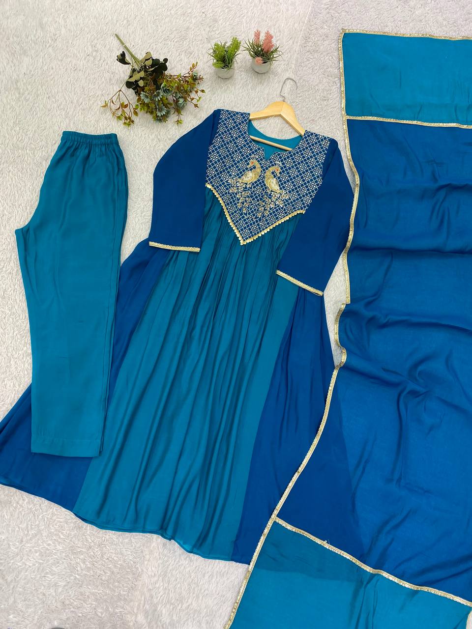 Teal Blue Mul Mul Chanderi Anarkali Kurti Set | Cording & Sequin Embroidery | Kurti + Pant + Dupatta | Festive Ethnic Wear |