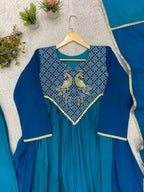 Teal Blue Mul Mul Chanderi Anarkali Kurti Set | Cording & Sequin Embroidery | Kurti + Pant + Dupatta | Festive Ethnic Wear |