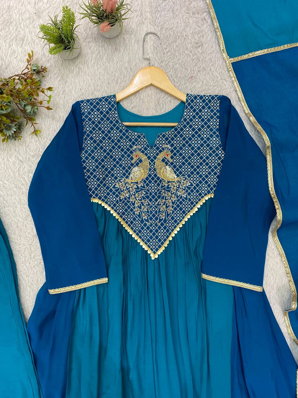 Teal Blue Mul Mul Chanderi Anarkali Kurti Set | Cording & Sequin Embroidery | Kurti + Pant + Dupatta | Festive Ethnic Wear |