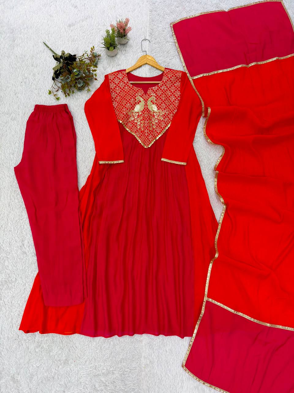 Mul Chanderi Anarkali Kurti Set | Cording & Sequin Embroidery | Kurti + Pant + Dupatta | Festive Ethnic Wear