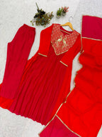 Mul Chanderi Anarkali Kurti Set | Cording & Sequin Embroidery | Kurti + Pant + Dupatta | Festive Ethnic Wear