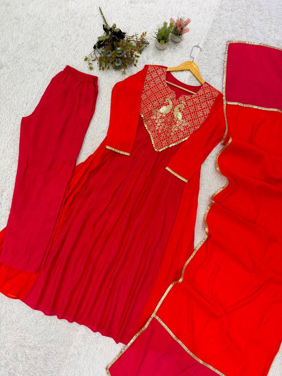 Mul Chanderi Anarkali Kurti Set | Cording & Sequin Embroidery | Kurti + Pant + Dupatta | Festive Ethnic Wear