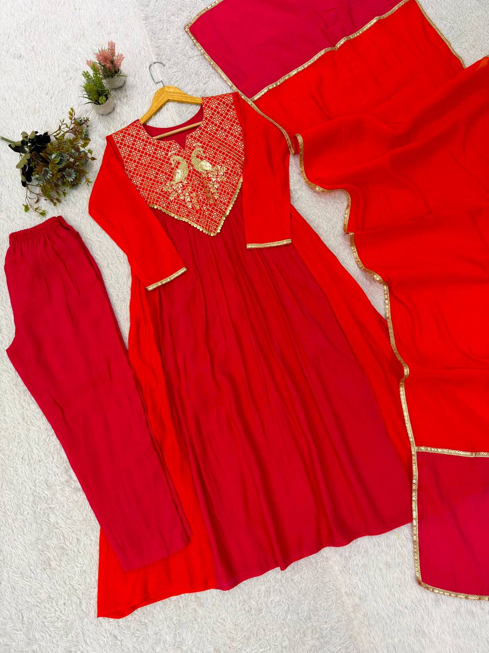Mul Chanderi Anarkali Kurti Set | Cording & Sequin Embroidery | Kurti + Pant + Dupatta | Festive Ethnic Wear