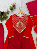 Mul Chanderi Anarkali Kurti Set | Cording & Sequin Embroidery | Kurti + Pant + Dupatta | Festive Ethnic Wear