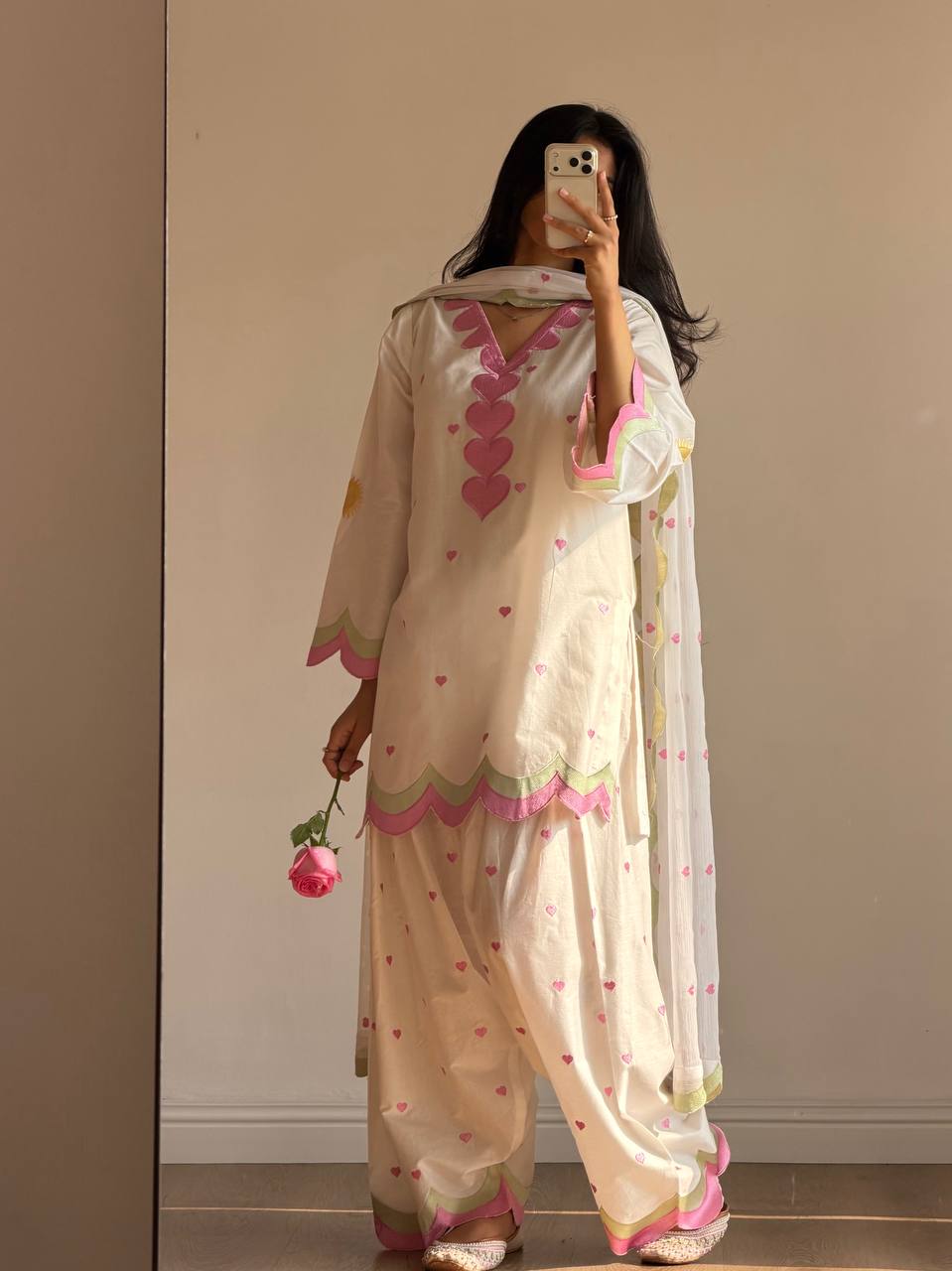 White Mul Chanderi Suit Set | Heart Embroidery & Scallop Border | Top + Salwar + Dupatta | Casual & Festive Ethnic Wear