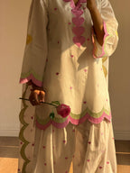 White Mul Chanderi Suit Set | Heart Embroidery & Scallop Border | Top + Salwar + Dupatta | Casual & Festive Ethnic Wear