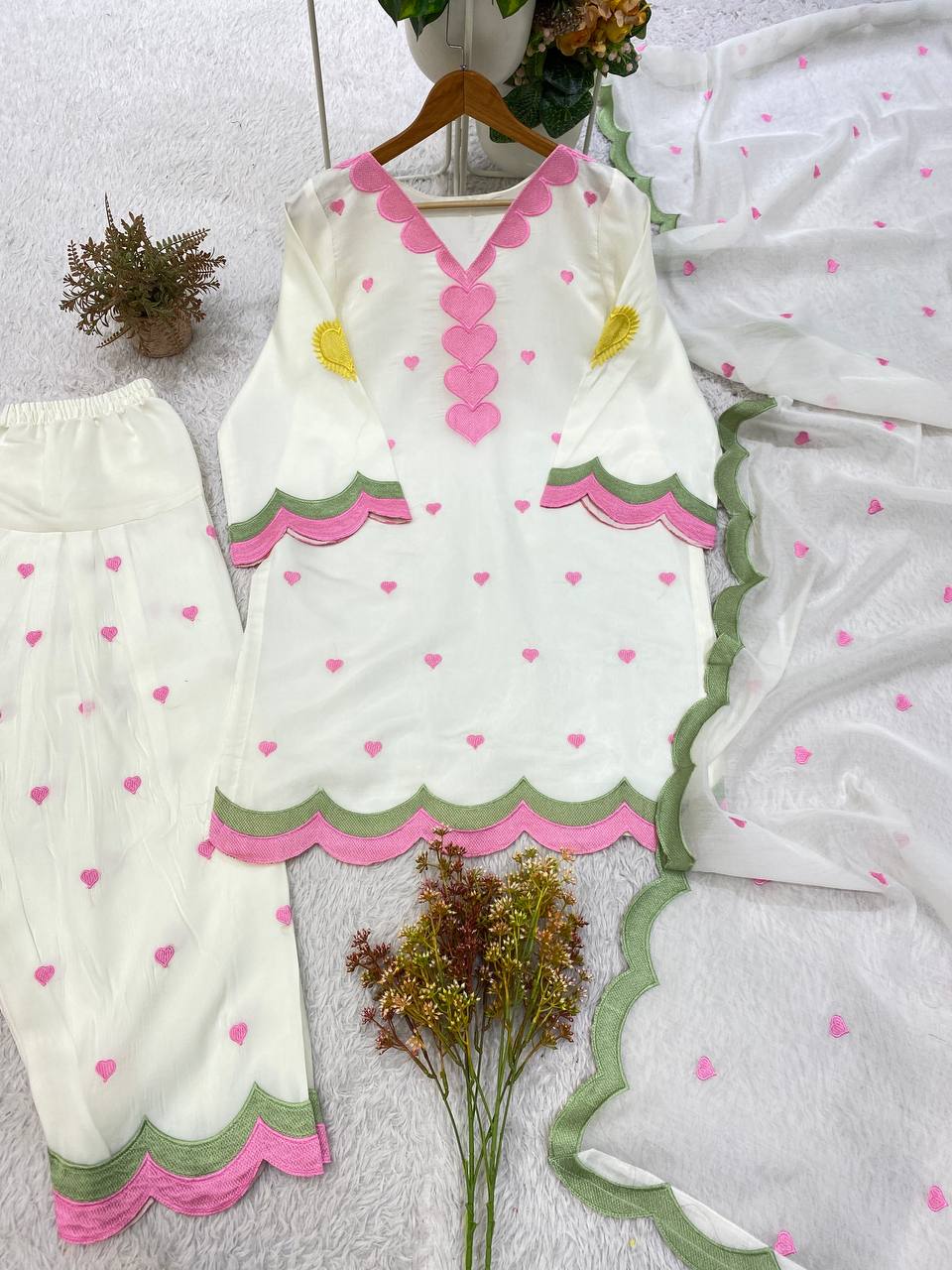 White Mul Chanderi Suit Set | Heart Embroidery & Scallop Border | Top + Salwar + Dupatta | Casual & Festive Ethnic Wear