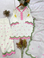 White Mul Chanderi Suit Set | Heart Embroidery & Scallop Border | Top + Salwar + Dupatta | Casual & Festive Ethnic Wear