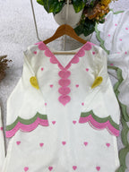 White Mul Chanderi Suit Set | Heart Embroidery & Scallop Border | Top + Salwar + Dupatta | Casual & Festive Ethnic Wear