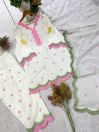 White Mul Chanderi Suit Set | Heart Embroidery & Scallop Border | Top + Salwar + Dupatta | Casual & Festive Ethnic Wear