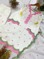 White Mul Chanderi Suit Set | Heart Embroidery & Scallop Border | Top + Salwar + Dupatta | Casual & Festive Ethnic Wear