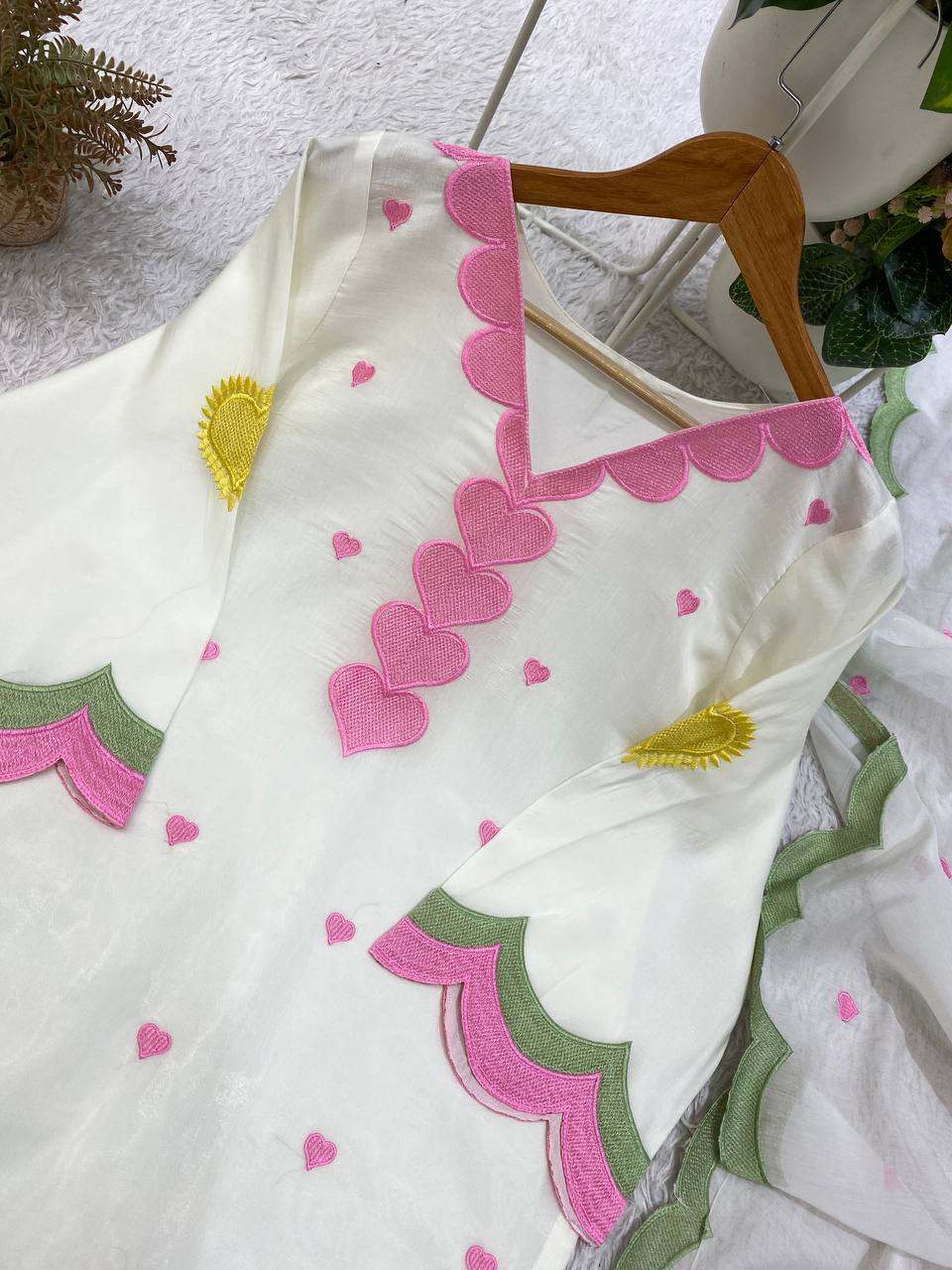 White Mul Chanderi Suit Set | Heart Embroidery & Scallop Border | Top + Salwar + Dupatta | Casual & Festive Ethnic Wear