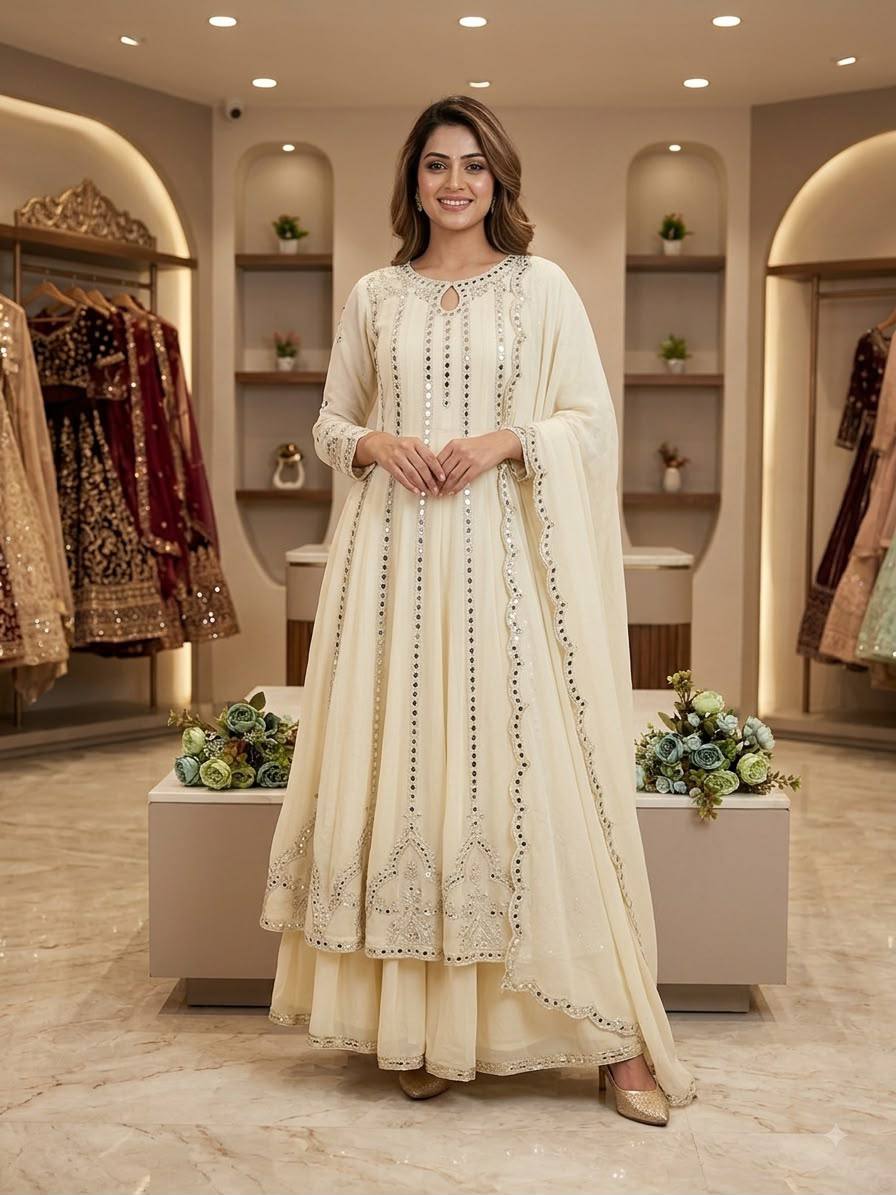 Cream Georgette Gown Set | Real Mirror Work & Sequin Embroidery | Gown + Lehenga + Dupatta | Festive & Occasion Wear