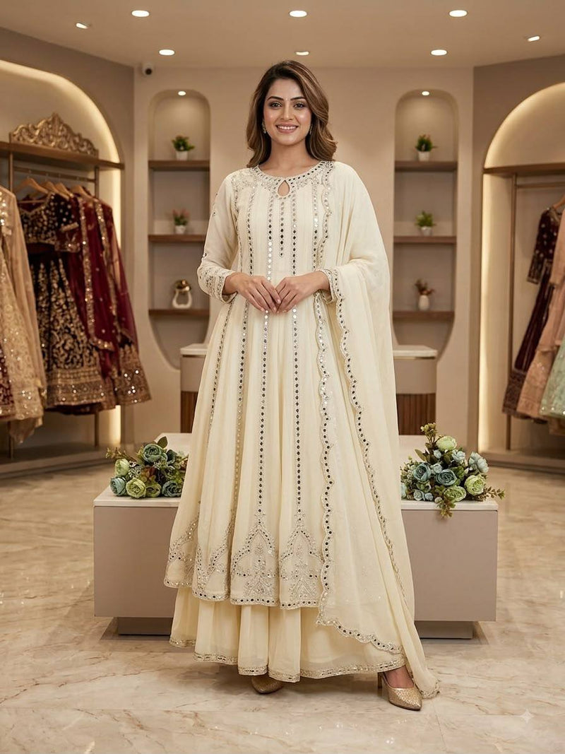 Cream Georgette Gown Set | Real Mirror Work & Sequin Embroidery | Gown + Lehenga + Dupatta | Festive & Occasion Wear