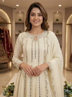 Cream Georgette Gown Set | Real Mirror Work & Sequin Embroidery | Gown + Lehenga + Dupatta | Festive & Occasion Wear