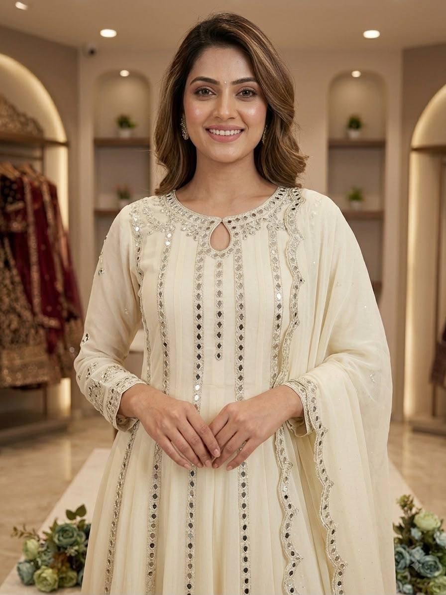 Cream Georgette Gown Set | Real Mirror Work & Sequin Embroidery | Gown + Lehenga + Dupatta | Festive & Occasion Wear