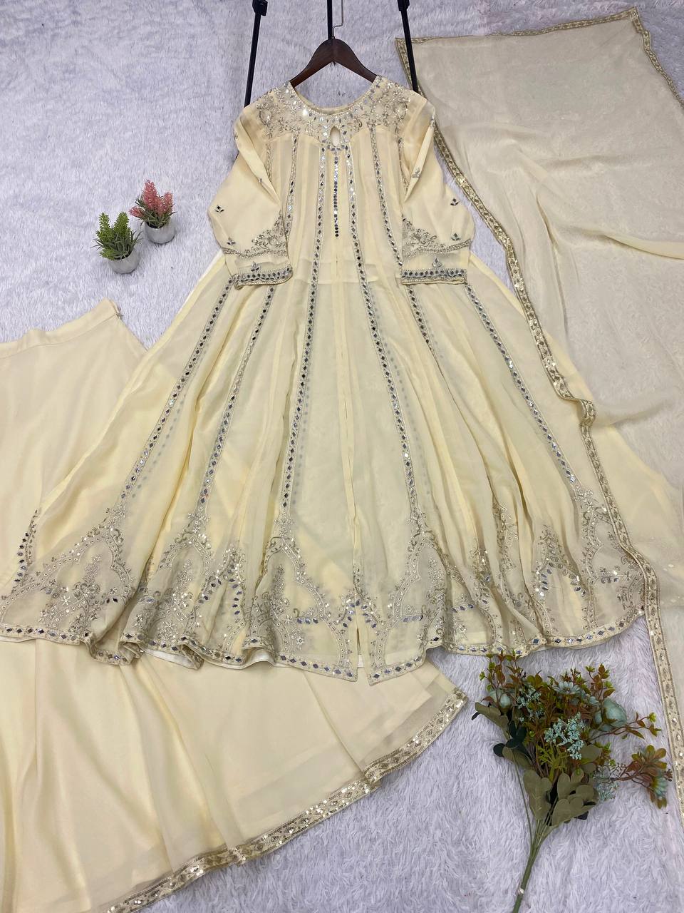 Cream Georgette Gown Set | Real Mirror Work & Sequin Embroidery | Gown + Lehenga + Dupatta | Festive & Occasion Wear