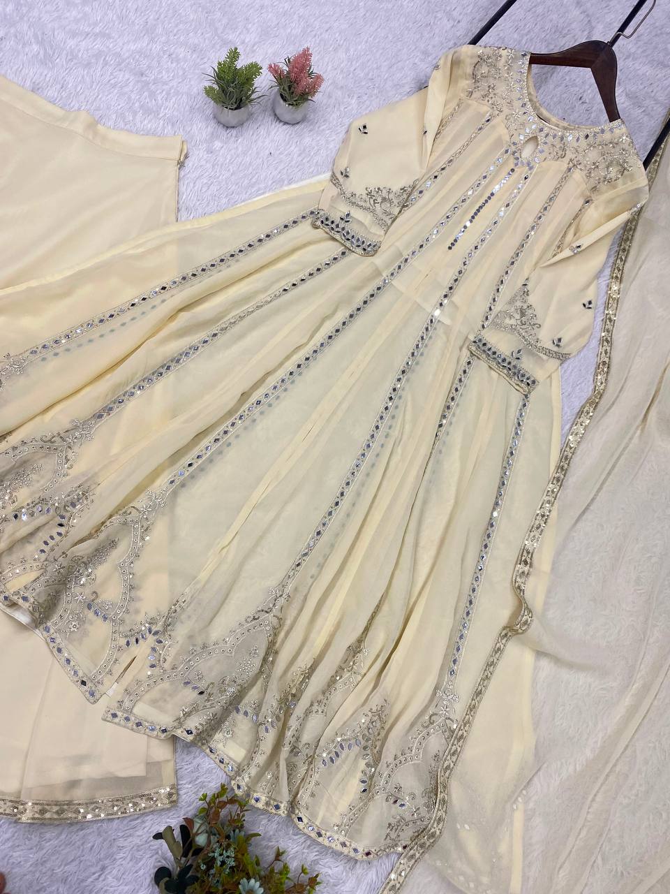 Cream Georgette Gown Set | Real Mirror Work & Sequin Embroidery | Gown + Lehenga + Dupatta | Festive & Occasion Wear