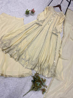 Cream Georgette Gown Set | Real Mirror Work & Sequin Embroidery | Gown + Lehenga + Dupatta | Festive & Occasion Wear