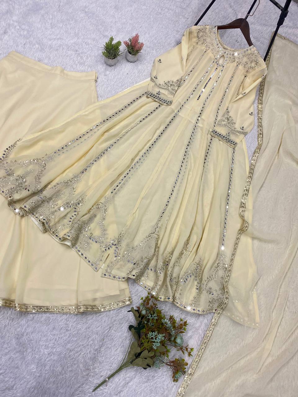 Cream Georgette Gown Set | Real Mirror Work & Sequin Embroidery | Gown + Lehenga + Dupatta | Festive & Occasion Wear