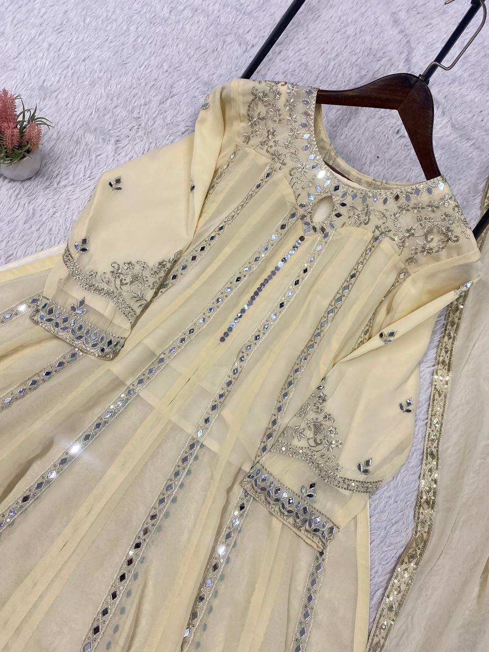 Cream Georgette Gown Set | Real Mirror Work & Sequin Embroidery | Gown + Lehenga + Dupatta | Festive & Occasion Wear
