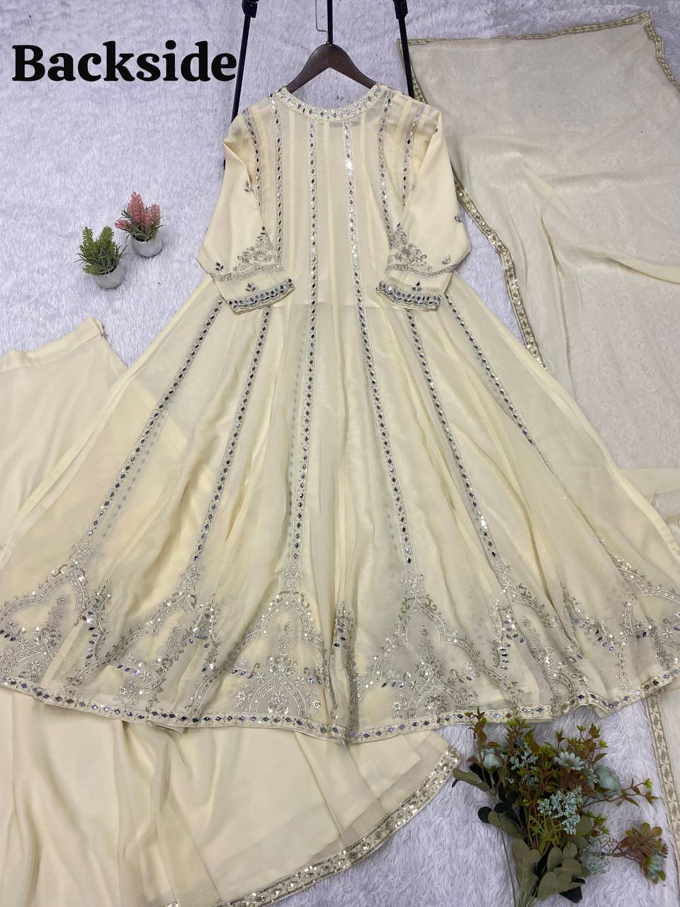 Cream Georgette Gown Set | Real Mirror Work & Sequin Embroidery | Gown + Lehenga + Dupatta | Festive & Occasion Wear