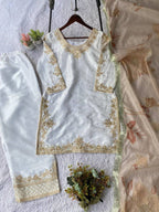 White Cording with Sequence Embroidery and Beads Worked Top, Plazzo and Dupatta