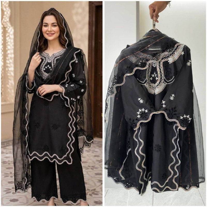 Black Sequence Embroidered Cutwork Top, Plazzo and Dupatta — Hania Amir Inspired
