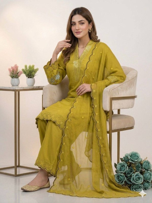 Mustard Yellow Sequence Embroidery Worked Top, Plazzo with Dupatta