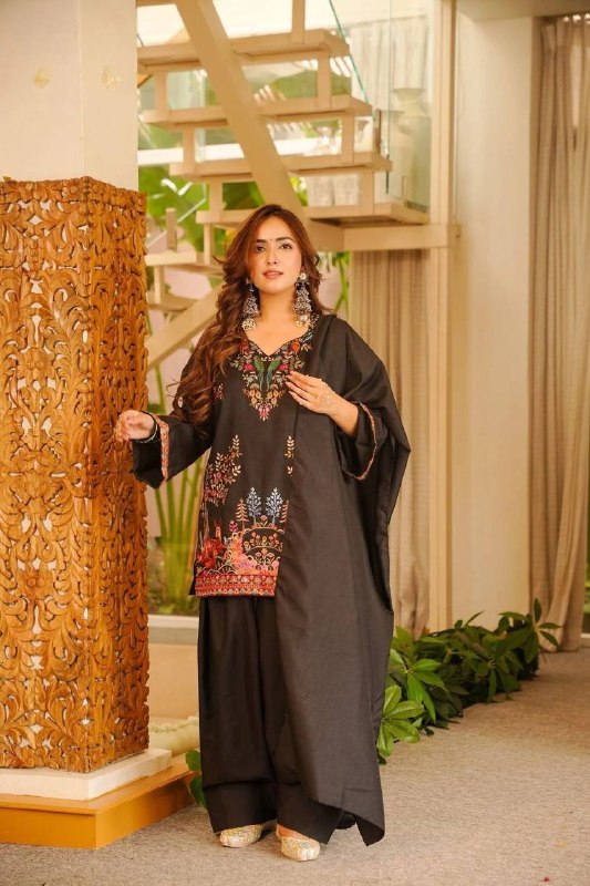 Black Printed Top, Salwaar with Dupatta in Roman Fabric