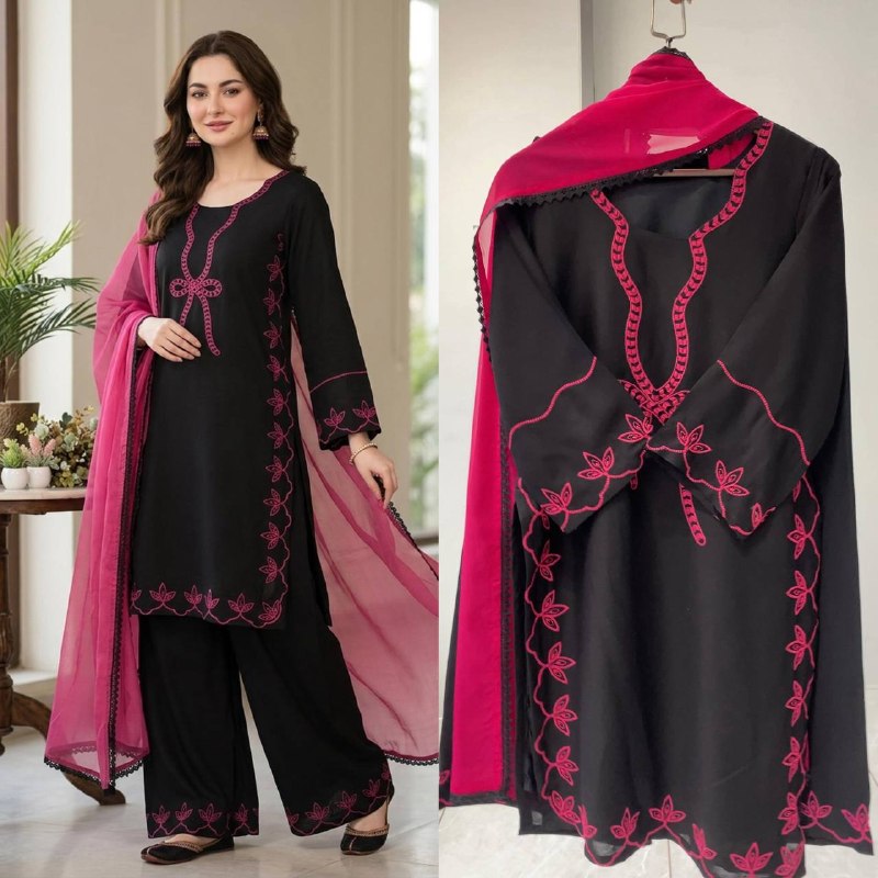 Black Embroidered Top, Plazzo and Dupatta — Hania Amir Inspired Pakistani Suit